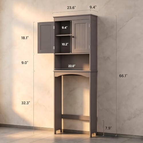 Bealife Over The Toilet Storage Cabinet with Open Shelf - Grey | Over Toilet Bathroom Organizer with Adjustable Shelf and Double Doors, Space Saver Free Standing Storage Shelf for Bathroom - color: Grey