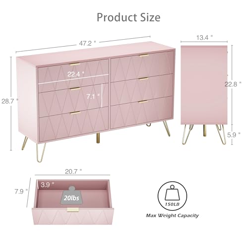 Anbuy Pink Large Dresser 6 Drawer Dresser for Bedroom, Chest of Drawer with 6 Wide Drawers Wood Storage Cabinet Organizer with Metal Gold Legs for Bedroom, Living Room, Entryway - color: Pink, size: 13.4"D x 47.54"W x 28.73"H(6 Drawers)