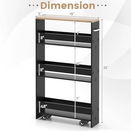 MAT EXPERT Slim Rolling Storage Cart, 4-Tier Freestanding Slim Storage Cart with Wheels 360 Degree & Metal Handle, Wooden Utility Cart for Narrow Kitchen, Laundry Room, Bathroom (Black + Natural) - color: Black + Natural