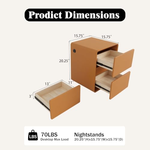 Modern Leather Nightstands Orange | PU Nightstand with USB Charging Station, Solid Wood Bedside Table with 2 Drawers, Small End Table for Bedroom Living Room - color: Orange, size: 16"