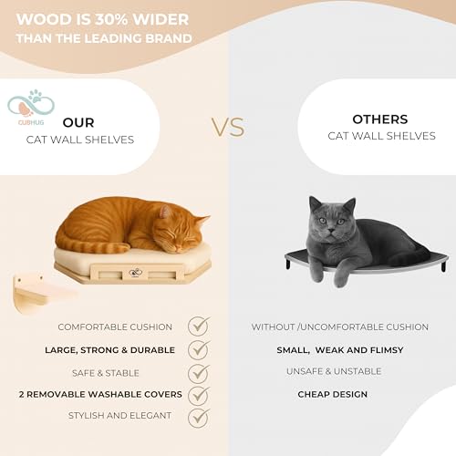 Cat Wall Shelves, Solid Wood Corner Bed, 3 Steps, Up to 25 lb, Wood | Cushion included; 2 washable covers, cotton and plush; secures across two walls - color: Natural Wood