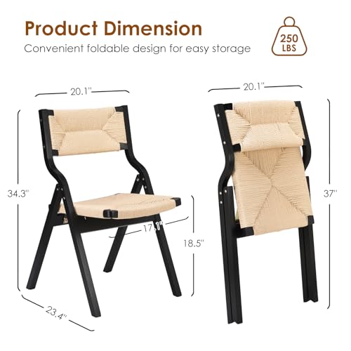 Wood Folding Chairs, Foldable Chairs Wooden Indoor Stackable Dining Chairs for Kitchen & Dining Room Chair Woven Seat & Webbing Back, Dining Chair Set of 2 - color: Black/Natural, Woven Rope