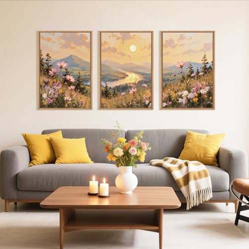 LHIUEM Large Boho Sunset Wildflower Framed Canvas Wall Art -24"x36"x3 | Nature Pink Flower Wall Decor,Blossom Botanical Mountain Landscape Artwork for Living Room,Bedroom,Dining Room,Office - color: Boho Sunset Wildflower Wall Art, size: 36"L x 24"W