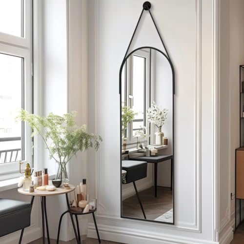 Dewfig 48"x16" Arched Full Length Mirror, Wall Mirror, Leather Strap, Black | Hanging Mirror with Aluminum Frame, Leaning/Hanging/Wall-Mounted, Suitable for Bedroom, Livingroom, Entryway, Home Decor - color: Black-arched, size: 48"L x 16"W