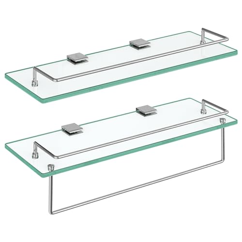 HOOBRO Glass Shelves for Bathroom, 15.7 Inch Floating Glass Shelf for Wall, Set of 2 Tempered Stainless Steel Wall Mounted Stand for Toilet, Room Decor, Silver SV02BJ01