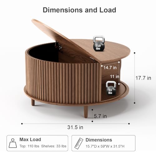 JOINICE 31.5" Round Coffee Table with Storage for Living Room, Walnut | Hidden Storage,Fluted Sliding Door,Mid Century Furniture for Small Apartments,Solid Wood Legs,Easy Assembly,Up to 110 lbs - color: Walnut_round