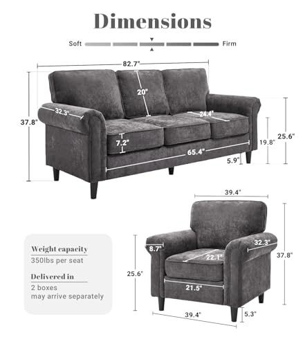 3 Seater Couch with Chair, Mid Century Modern Sofa Set with Rolled Arms and Deep Seats, Fluffy Comfort for Living Room, Apartment, Easy Assembly, Grey - color: Grey, size: Chenille Standard + Chair