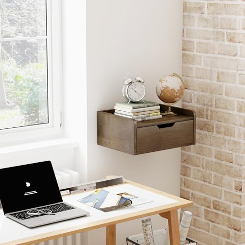 Floating Nightstand, Bedside Shelf Wall Mounted, Small Modern Floating Shelf Nightstand with Drawer, Floating Bedside Table Wall Shelf for Bedroom, Bathroom (Pine Wood)