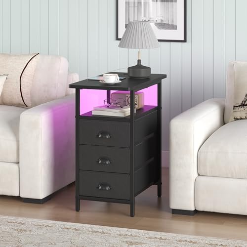 sthmec End Table with Charging Station,LED Side Tables with USB Ports and Outlets,Narrow Nightstands Bedside Tables with 3 Drawers PU Finish for Small Space,Slim Sofa Table for Livingroom,Black - color: Black, size: 11.75'' W*21'' D* 24.3'' H, style: Powe