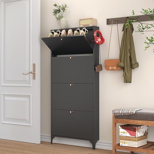 Slim Shoe Cabinet with 4 Flip Drawers,Narrow Shoe Storage Cabinet,Freestanding Organizer,Metal Hidden Shoe Storage for Entryway,Hallway,Living Room (4 Door Width 700, Black) - color: Black, style: 4 door width 700