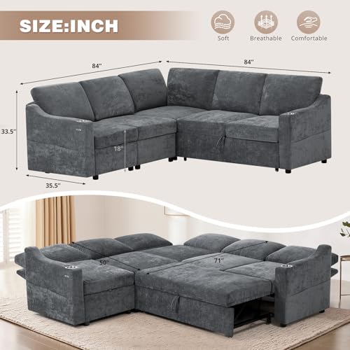 84" Chenille Modular Sofa Bed w/Adjustable Backrests, Grey | L-Shape Sleeper Sofa w/USB Ports & Storage Space, Convertible Corner Sectional Couch w/Pull Out Bed for House, Living Room - color: Grey, style: L-Shape