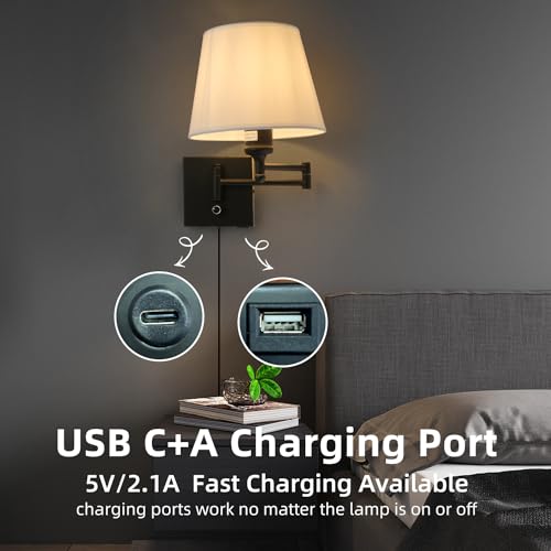 Bedside Wall Mount Light with Dimmable Switch and USB C+A Charging Port, Swing Arm Fabric Shade Wall Sconce Light with Plug in Cord, Black Wall Lamp for Bedroom, Living Room and Hotel - color: Type-C Black