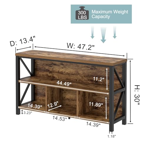 EXCEFUR 47 Inch Rustic Brown Horizontal Bookshelf, Modern Industrial Wood & Metal Bookcase for Display, 4 Cube Storage Organizer for Living Room Bedroom Office, Low Wide Book Shelf for Home Decor - color: Brown