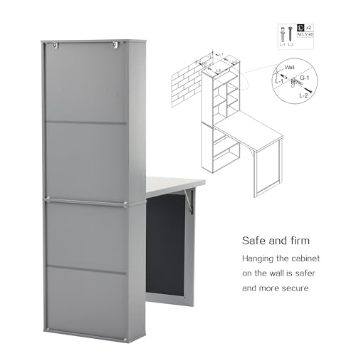 Folding Desk with Storage,Fold Out Convertible Wall Mounted Table,Grey | Space-Saving,Foldable Desk with Blackboard and Shelves, Multi-Function Desk Cabinet , Murphy Desk Home Office Workstation - color: Grey