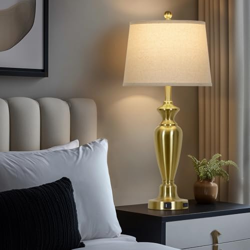 Cinyirong 30" Tall Gold Table Lamps Set of 2, Touch Control Bedside Lamp with USB A+C Ports and AC Outlet, 3-Way Dimmable Modern Metal Nightstand Lamp for Bedroom Living Room, 2 LED Bulbs Included - color: Gold (2 Pack)