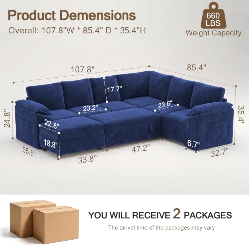 Modular Sectional Sofa with Pull Out Bed, L Shaped Sectional Couches | Chenille 7 Seat Sectional Sleeper Sofa with Storage Ottoman & Side Pockets, Comfy Sleeper Sofa for Living Room - color: Navy Blue, size: U-shaped 7 Seats