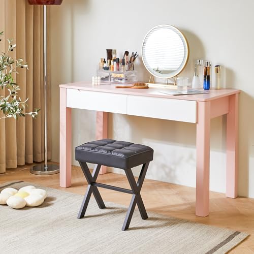 IBUYKE Square Makeup Stool with X-Leg, PU Vanity Chair, Black LG-71B | Footrest Ottoman Seat Multi-Use Small Side Table Bedroom Living Room - color: Black, size: 17.72"-Leather