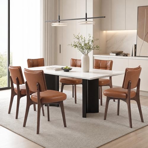 YOUNIKE Wood Frame Brown Dining Chair, Faux Leather, Single Pack | Modern Ergonomic Upholstered Kitchen & Dining Room Chairs, Double-Layer Backrest, Comfy Soft Cushion, Easy to Assembly - color: Brown