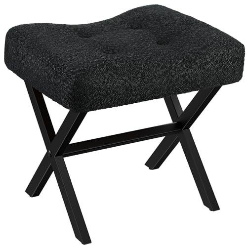 18-Inch Large Vanity Stool Chair, Black Makeup Stool | Teddy Flannel Vanity Bench, Metal X-Leg, 350 LBS, 20"x16.9"x18", Ottoman Accent Stool, Breathable Soft Padded Saddle Seat - size: Large, style: Black Fabric