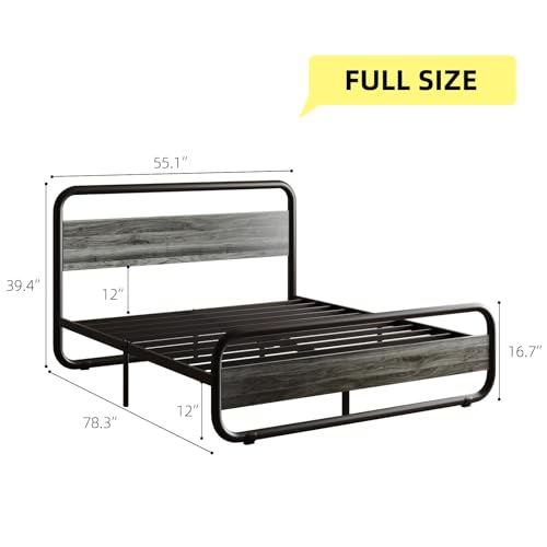 Full Size Bed Frame, Wood Headboard and Footboard, LED Lights, Grey | Metal Platform with Heavy Duty Metal Slats Support/12 in Under-Bed Storage/Noise-Free/No Box Spring Needed/Easy Assembly - color: Wash Gray, size: Full