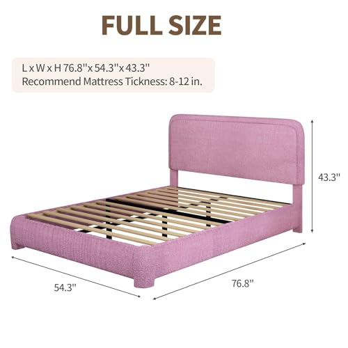 BarnFurin Full Bed Frame, Cloud Boucle Headboard, Low Profile, Rose Pink | Soft boucle and rounded edges create a low-profile cloud look. Wooden slats support the mattress without a box spring - color: Rose Pink, size: Full
