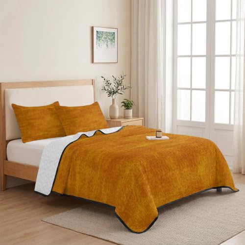 Minimalist Yellow 3 Piece Quilt Set Twin Size, Vintage Art Distressed Pattern Farmhouse Soft Bedspread Coverlet Bedding Set Microfiber Lightweight Comforter Set with 2 Pillowcases for Bedroom - size: Twin