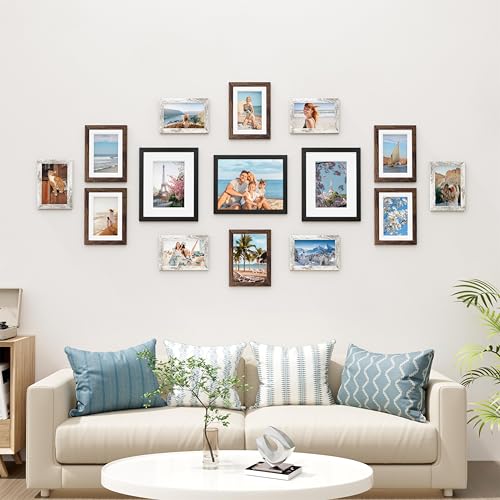 Vittanly 15 Pack Gallery Wall Frame Set, Black, Brown, Distressed White | Picture Frames Collage Wall Decor: 3pcs 8x10, 6pcs 5x7, 6pcs 4x6. Picture Frame Set for Wall or Tabletop Display - color: Black & Brown & Distressed White