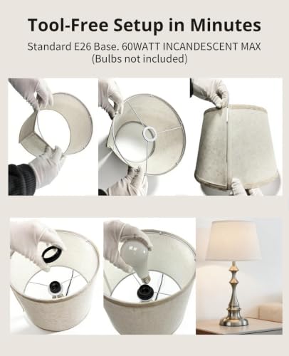 Touch Table Lamps Set of 2, 20.47" Rustic Bedside Lamps for Night Stand | Silver Brushed Nickel Metal, White Linen Shade, Farmhouse Nightstand Light for Bedroom, Living Room End Table, Entryway