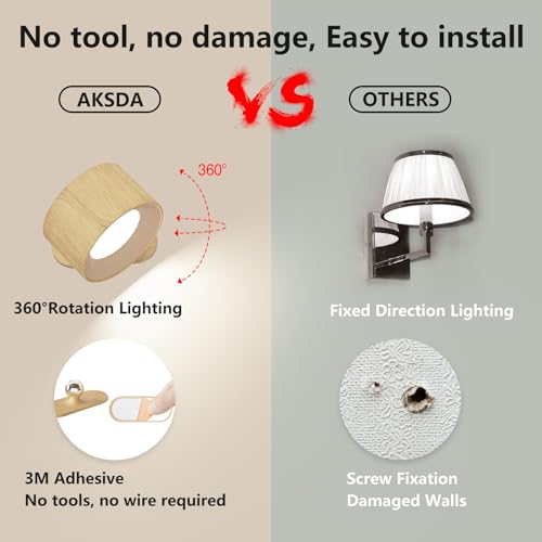 AKSDA Rechargeable Wall Sconce, Battery Operated LED Reading Light with 360-Degree Rotation Magnetic Mounting, Dimmable 3 Color Temps Touch Control Cordless Wall Lights for Study Home Office, 1 Pack - color: Wood-1PC