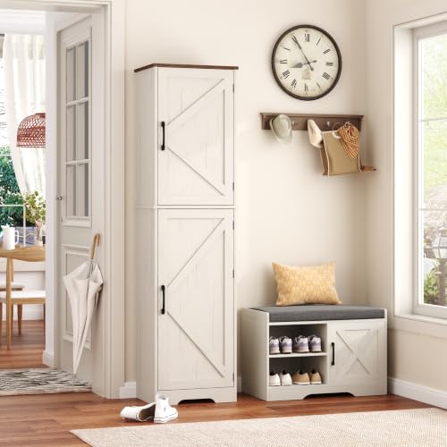 Function Home Farmhouse 주방 식료품 저장실 캐비닛, 162.6cm(64인치) 높이 슬림 욕실 보관 캐비닛, 헛간 문과 조절 가능한 선반이 있는 5단 나무 바닥 캐비닛, 다이닝 룸 거실용 앤티크 화이트 - color: 앤티크 화이트, size: 15.8"Wx11.81"Dx64"H