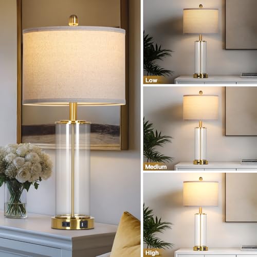26" Gold Glass Table Lamps Set of 2, 3-Way Dimmable Touch Control Living Room Lamp with USB C+A Ports & AC Outlet, Modern Bedside Lamps, Elegant Bedroom Lamps for Nightstand Side End Table Desk - color: Gold