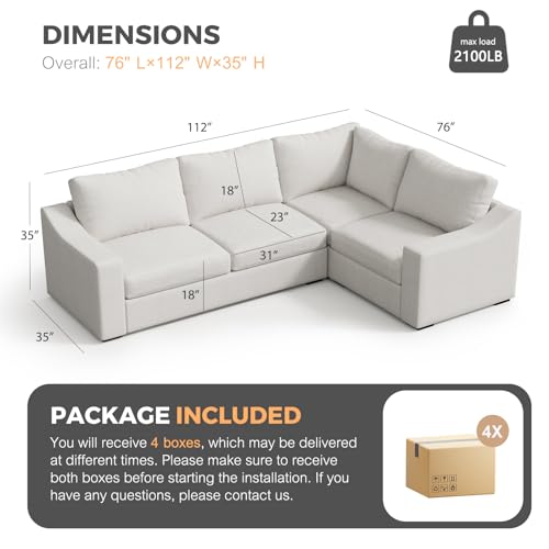 Convertible Sectional Sofa, L Shaped Couch, Natural Linen Fabric Couches with Extra Deep Seats, Big Comfy Couch Upholstered Modern Corner Sofa for Living Room, Office, White - color: White, size: 112 Inch - V Shaped(4 Seat)