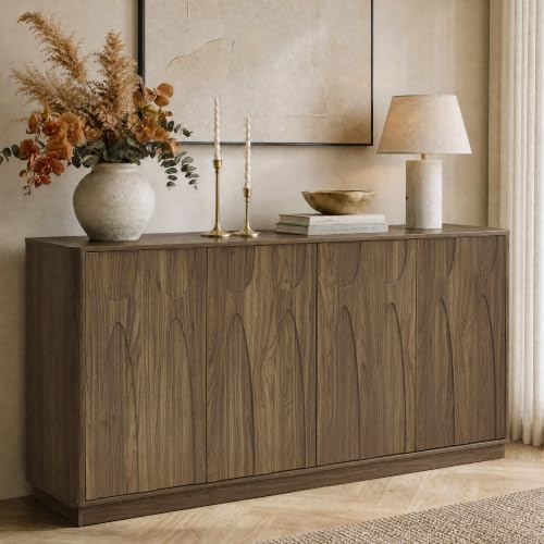 64" Sideboard Buffet Cabinet with Storage, 4 Doors Modern Storage Sideboard Cabinet with Adjustable Shelf Mid Century Accent Sideboard Large Credenza for Living Room Kitchen, Light Walnut - color: Light Walnut, size: 4 Door-1PC