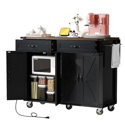 53.5" Large Kitchen Island with Storage & Power Outlet, Black | Rolling Kitchen Cart, Drop Leaf, Power Outlet, USB Ports, Adjustable Shelves, 2 Drawers, Cabinets, Lockable Wheels, Farmhouse - color: Black-53.5"