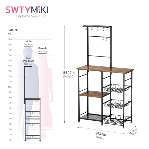 SWTYMIKI Bakers Rack with Storage - Coffee Bar Cabinet with Shelves, Coffee Station Organizer and Kitchen Stand with 8 Hooks, Baskets, Adjustable Feet for Kitchen Dining Room Pantry, Espresso - color: Espresso, size: Coffee Station with Basket