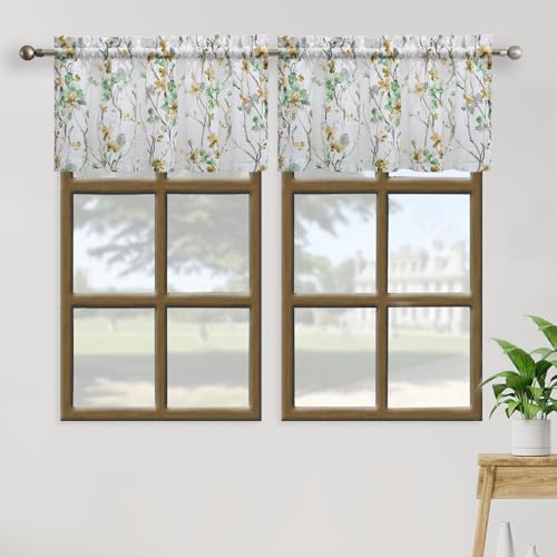 July Joy Printed Valance Linen Textured for Living Room Floral Leaf Design Sheer Curtains Farmhouse Style Window Panel Drapes Set Rod Porket Treatment for Bedroom, Dining, 52 x 18 inch, Green - color: Green