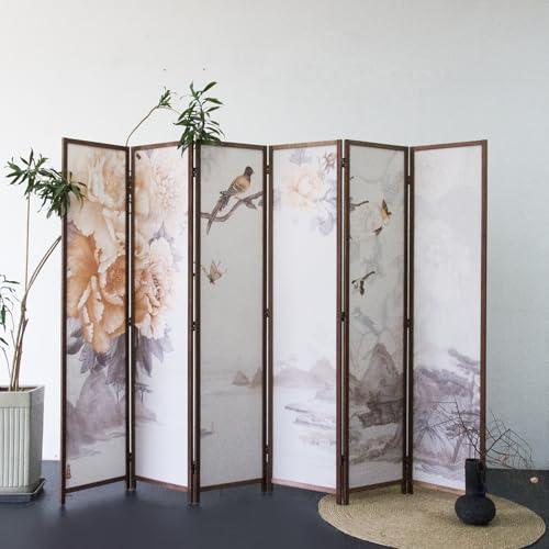 6 Panel Room Divider for Room Separation, 5.6 ft Tall Double Sided Blackout Folding Privacy Screen for Home Office - Freestanding Partition with Peony Floral Artwork (67" H x 94.5" W) - color: Peony Floral, size: 6 Panel
