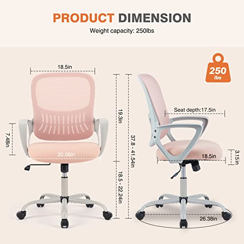 Sweetcrispy Ergonomic Home Office Desk Chair, Managerial Executive Chair | Mid-Back, Comfortable Armrests and Lumbar Support, 360° Rolling Wheels, Bedroom Study Room, Pink - color: Pink, size: 18.5"D