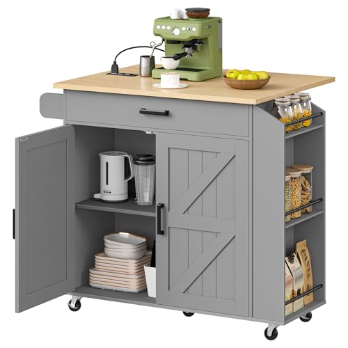 HOOBRO Kitchen Island with Drop Leaf Countertop & Power Outlet, Rolling Island Cart on Wheels, Kitchen Cart with Drawer & Spice Rack, Mobile Island Table for Kitchen, Natural and Grey GN86UZD01 - color: Natural + Grey
