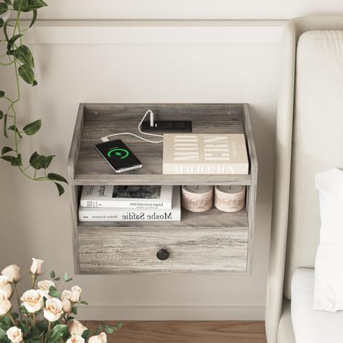 Floating Nightstand Set of 2 Modern Night Stands with Drawer and Open Shelf | Cubby Small Bedside End Table with Charging Station Wall Mounted Nightstands Set 2 for Bedroom Grey - color: Grey