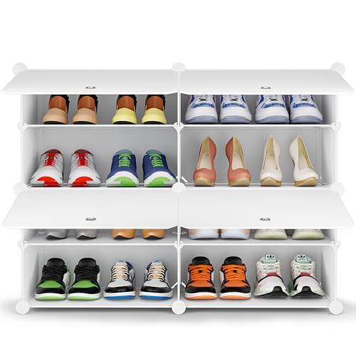 HOMIDEC Shoe Rack Organizer 16 Pair Modular Shoe Storage Cabinet for Closet | PP Plastic, Sturdy Steel Frame, Waterproof, Dustproof, Easy Clean, Shoe Shelves for Closet Garage Hallway Bedroom Entryway