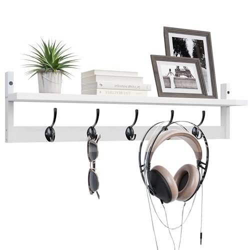 BAMEOS Wall-Mounted Wood Shelf with 5 Dual Hooks for Bathroom, Living Room, Bedroom (White-with Shelf) - style: White-28.9IN with shelf