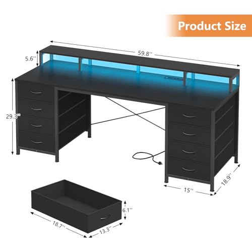60" Computer Desk with 8 Drawers & Monitor Stand for Home Office, Bedroom | Gaming Desk with LED Lights & Power Outlets, Home Office Desk with 8 Fabric Drawers, Black - color: Black, size: 18.9"D x 59.8"W x 34.9"H