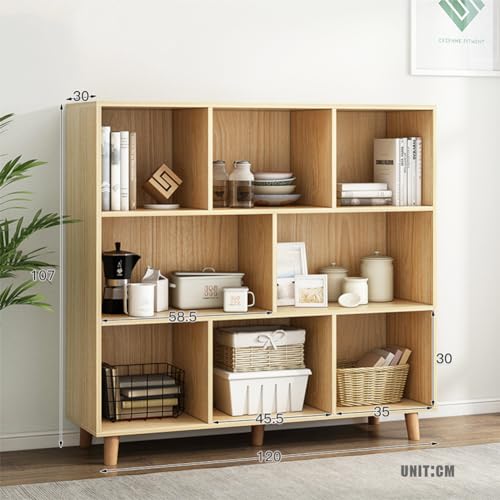IOTXY Open Cube Low Bookcase - 3-Tier Freestanding Storage Display Cabinet Organizer with Legs for Home Office, 8-Cubes Open Shelf Short Bookshelf, Oak - color: Oak, size: 3-Tier 8-Cubes
