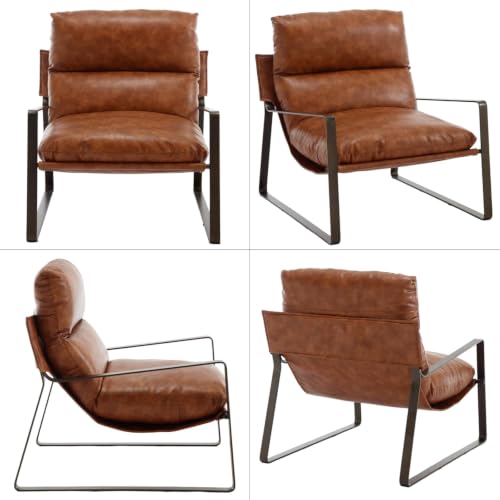 Set of 2 Accent Chairs, PU Leather Living Room Chair, Brown | Comfy Armchairs, Upholstered Lounge Armchair, Removable Seat Cushion, Bronze Metal Frame, For Reading Room, Bedroom, Balcony - color: Brown-bronze Legs, size: 2PCS