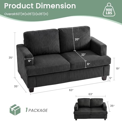 3 Pieces Corduroy Couch Set for Living Room, 7 Seats Cloud Sofa, Deep Seat Floor Couch for Bedroom, Futon Modern Sofa Sectional Bed, Black Corduroy - color: Black Corduroy, size: 3-Seater + Loveseat*2