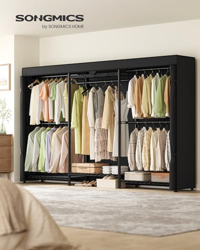 SONGMICS Heavy-Duty Rolling Clothes Rack, Garment Rack, Portable Closet, with Adjustable Mesh Shelves and Hanging Rails, Fabric Cover, 15.8 x 86.4 x 76 Inches, Ink Black ULGR437BH01 - color: Ink Black, size: 86.4"L x 76"H, style: With Fabric Cover
