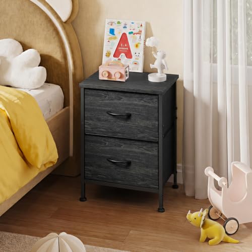 WLIVE Night Stand, Small Dresser with 2 Drawers & Wooden Top, Nightstand with Fabric Bins, Bedside Table End Table for Bedroom, Closet, Entryway, College Dorm, Charcoal Black | Nightstand with Fabric Bins, Bedside Table End Table for Bedroom, Kids Room -