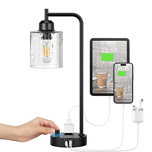 Industrial Desk Lamp, Fully Dimmable Small Bedside Table Lamp, Black, USB C | Glass Shade, USB C+A Charging Port & Outlet, Lamps for Bedroom, Night Stand, Home Office, Living Room - color: Clear Seeded