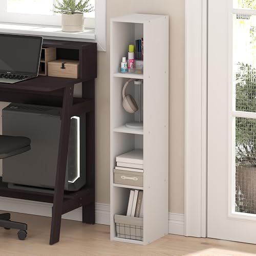 Furinno Fulda Book Shelf, 4-Tier Narrow Bookshelf, Standing Bookcase with 8-in Width Storage Shelf, 9.3 x 7.9 x 41.6, for Organization and Storage, for Living Room, Bedroom, Home Office, White - color: White, size: 4-Tier, 8W
